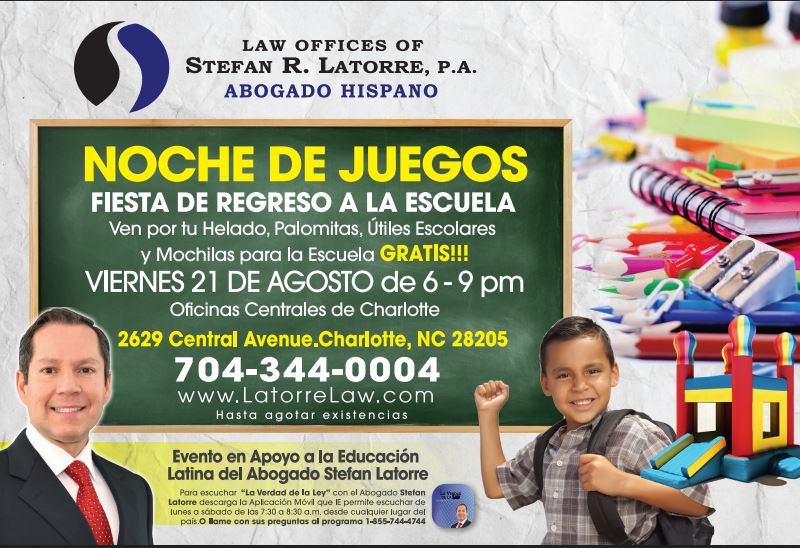 Fiesta de Regreso a la Escuela con Mochilas y Utiles Escolares Gratis. Evento comunitario del Abogado Hispano Stefan Latorre. 